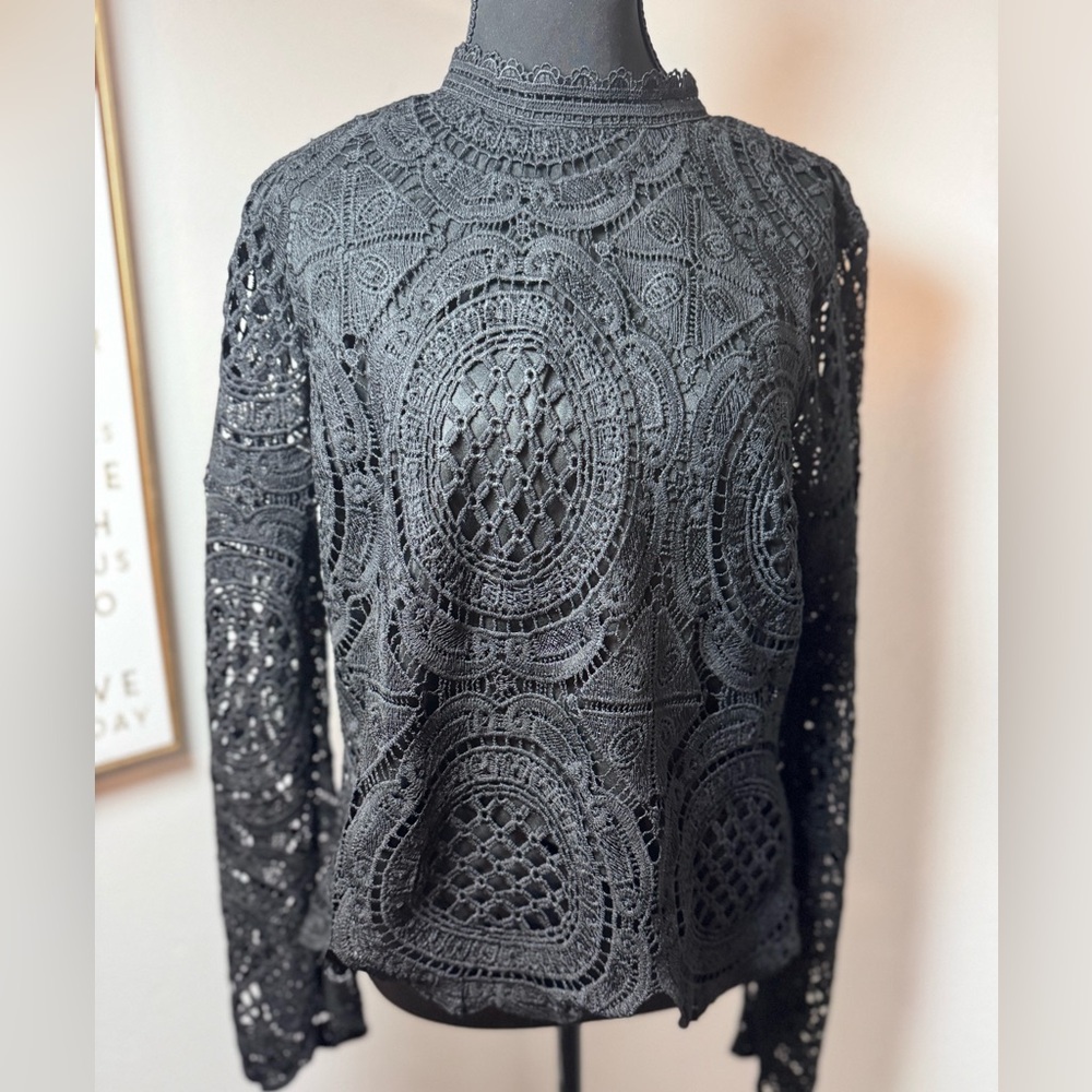 Ultra Pink Black Crochet Lace Long-Sleeve Top